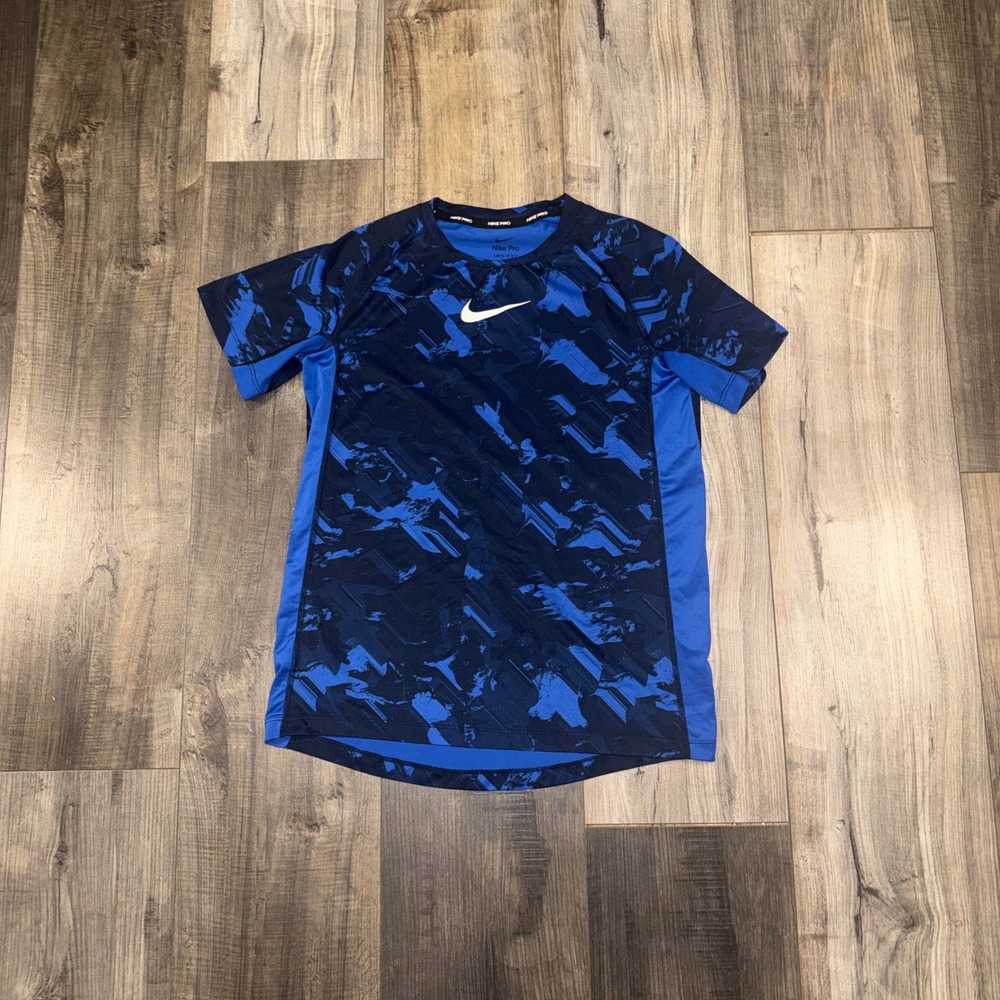 Nike Pro Dri Fit Youth Large Blue Camo Short Sleeve Compression Training Shirt